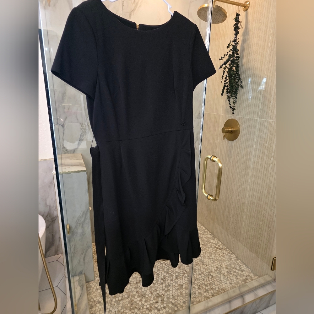 Women's Black Midi Knee Length Dress with Ruffle Detail